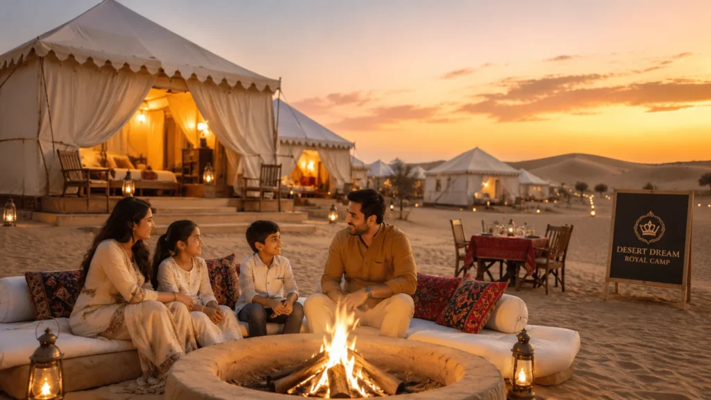Family enjoying a comfortable desert stay at Desert Dream Royal Camp in Jaisalmer

