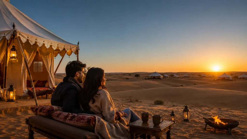 Couple enjoying Jaisalmer desert camping during the best winter season