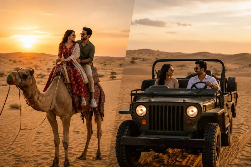 Couple enjoying romantic activities during Jaisalmer desert camping