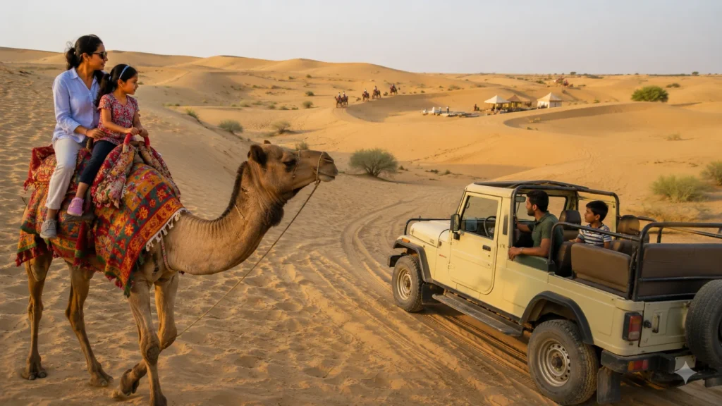 Family enjoying camel safari and jeep safari experiences in Jaisalmer

