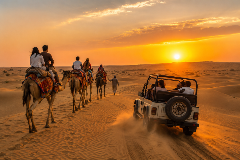 Camel ride and jeep safari experience at Sam Sand Dunes desert in Jaisalmer Rajasthan with golden sand dunes
