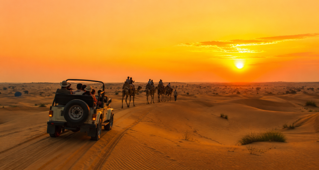 Sam Sand Dunes desert safari during sunset with camel ride and golden sand dunes in Jaisalmer Rajasthan
