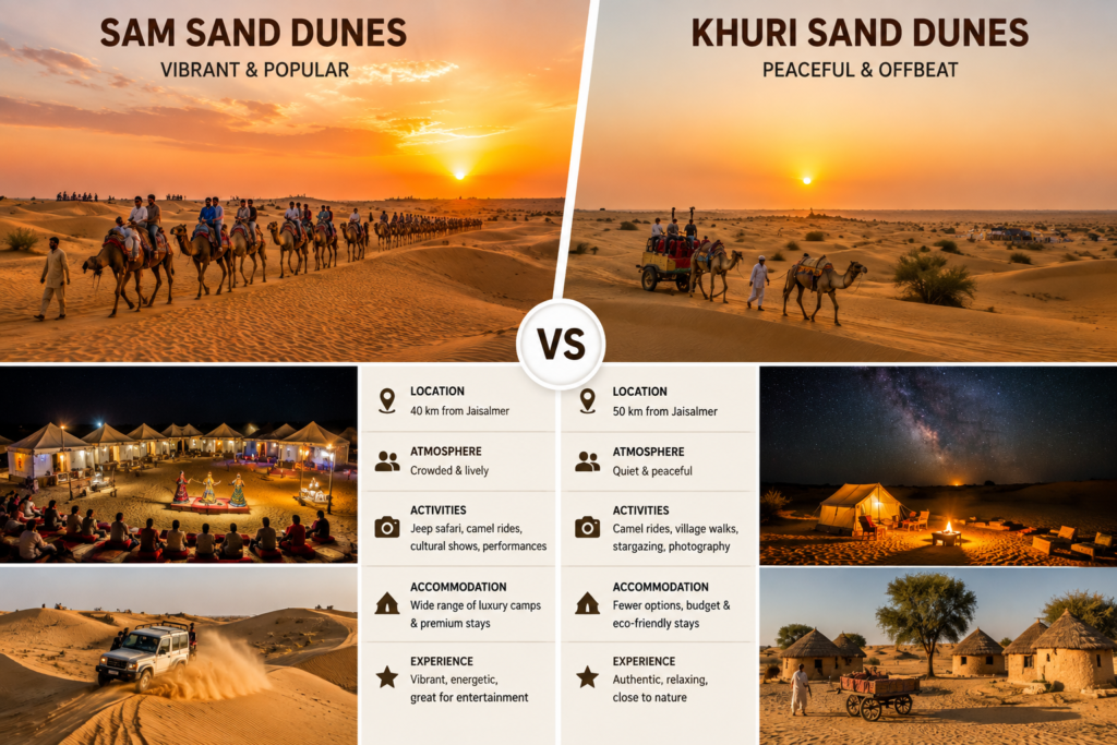 Comparison of Sam vs Khuri Sand Dunes in Jaisalmer Rajasthan showing desert landscapes and safari experience differences