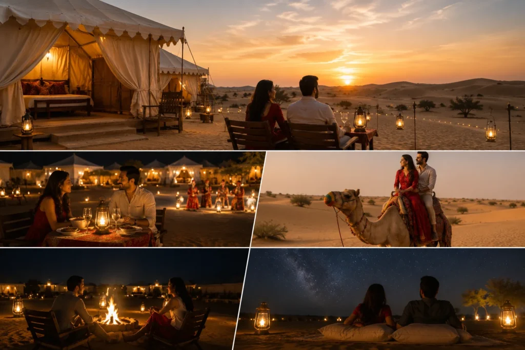 Couple enjoying a typical romantic desert camping experience in Jaisalmer