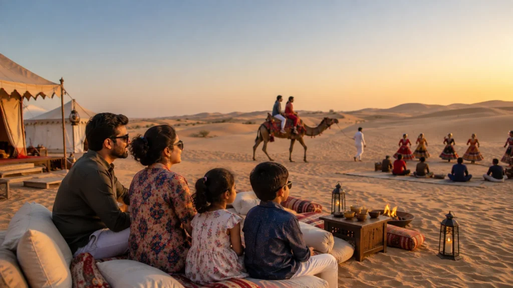 Family enjoying camel safari, jeep safari, and desert activities at Sam Sand Dunes in Jaisalmer

