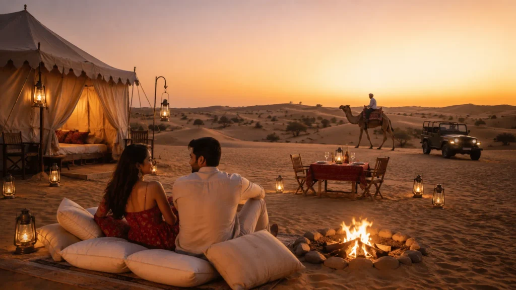 Couple enjoying romantic activities during Jaisalmer desert camping