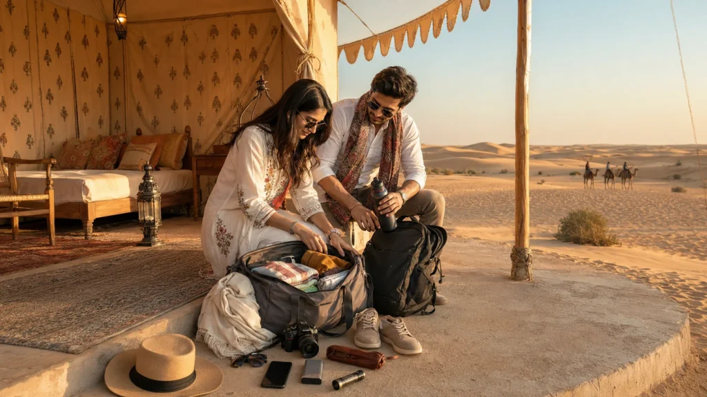 Couple preparing essential travel items for Jaisalmer desert camping