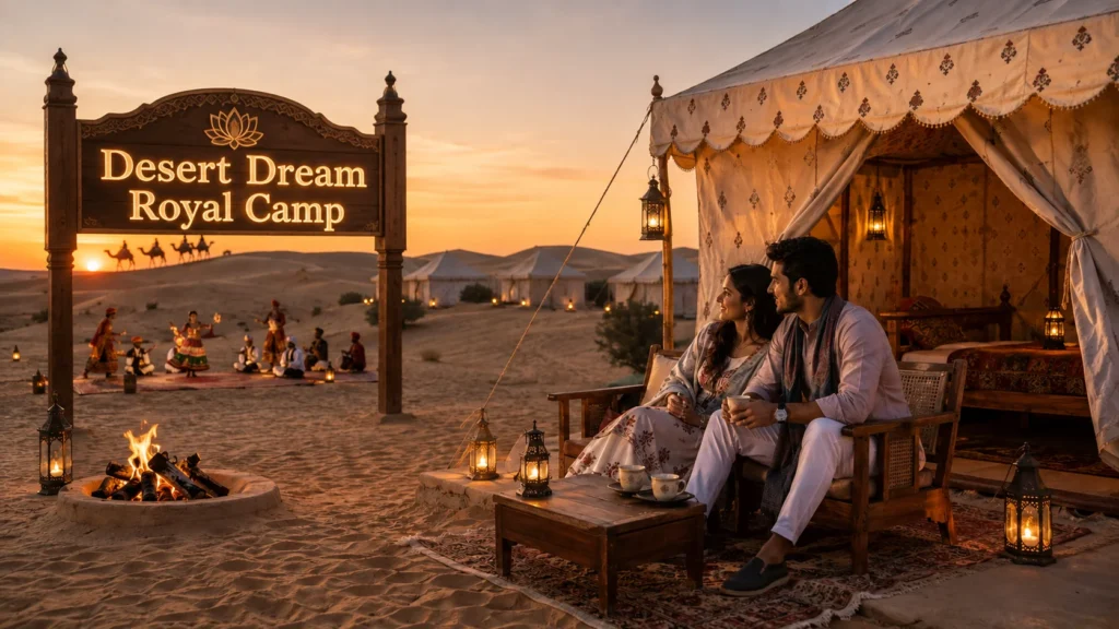 Couple enjoying a romantic desert stay at Desert Dream Royal Camp in Jaisalmer